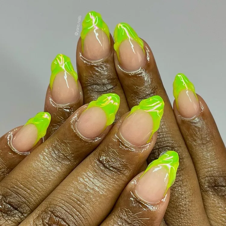 3d builder gel neon green french tips with metallic finish