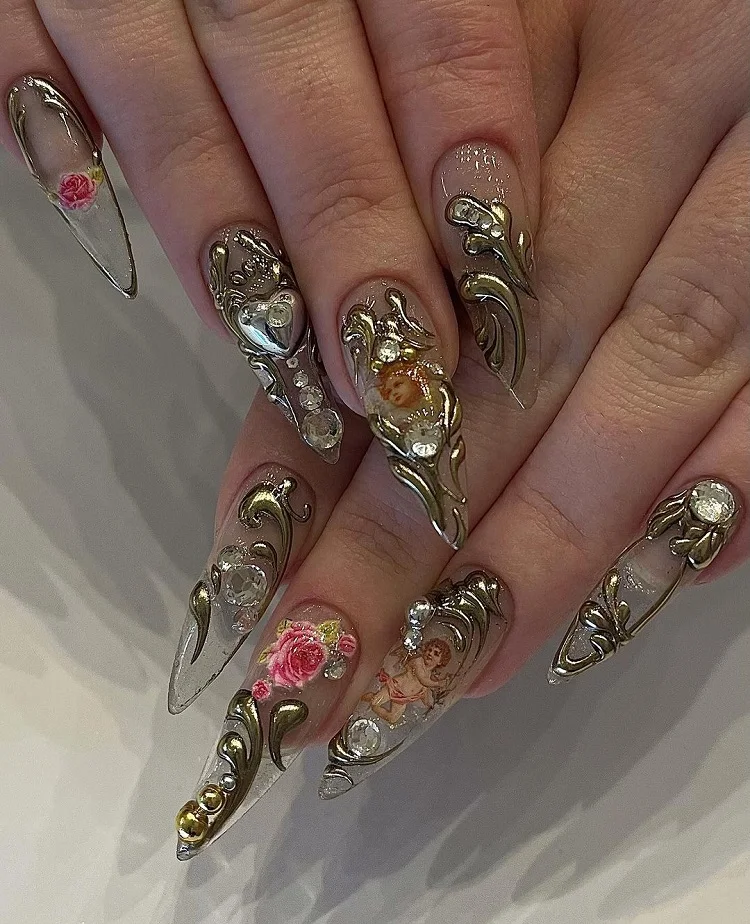 3d gold chrome nails mob wife aesthetic