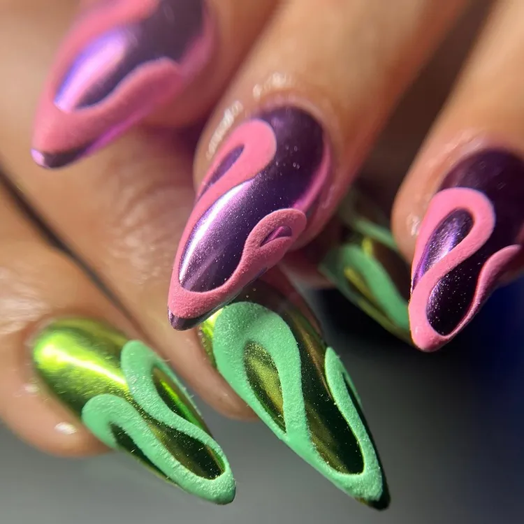 abstract pink and green neon chrome nail design idea 2024