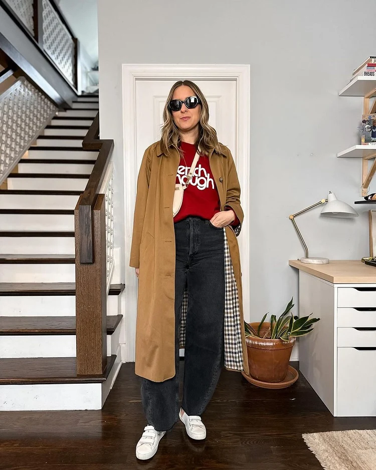 barrel leg jeans with long trench and white sneakers