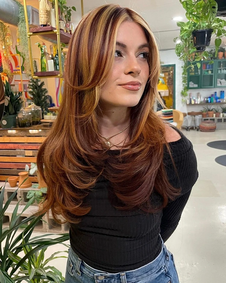 beautiful chunky blonde and auburn highlights for long brown hair