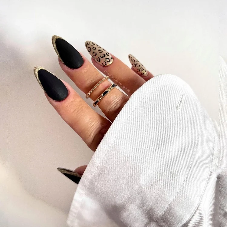 black and gold leopard print mob wife nails