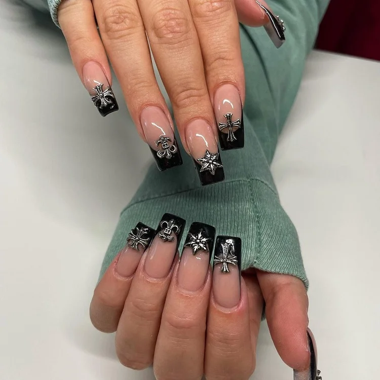 black chrome french tips with large 3d adornments