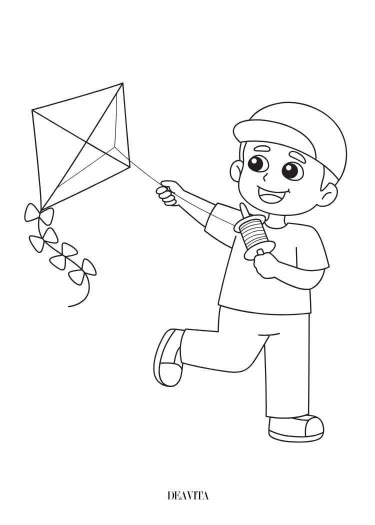 boy flying a kite spring is here coloring page free printable pdf