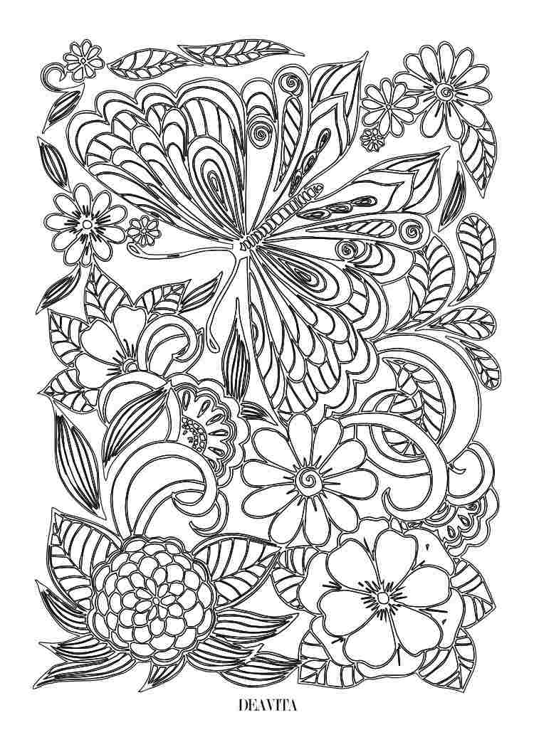 butterfly and flowers mandala design coloring page adults free to print