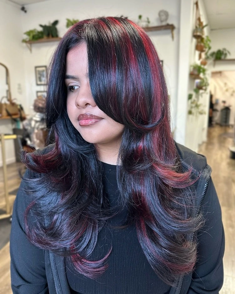 chunky red highlights for long black hair