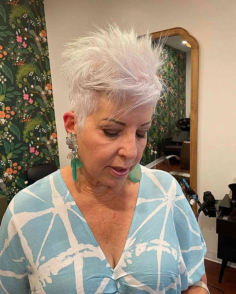 classic white spiky haircut for women over 60 with thin hair