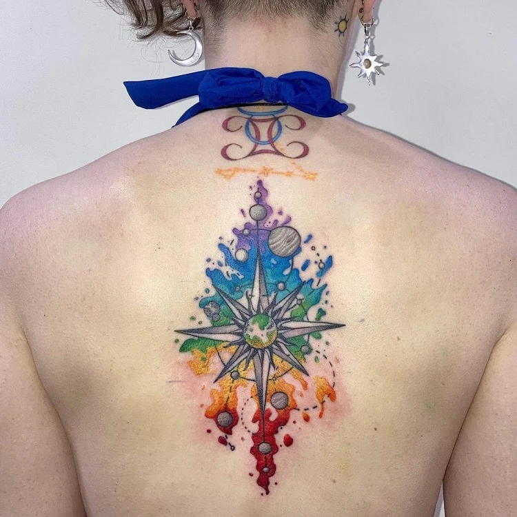 colorful celestial back tattoo design