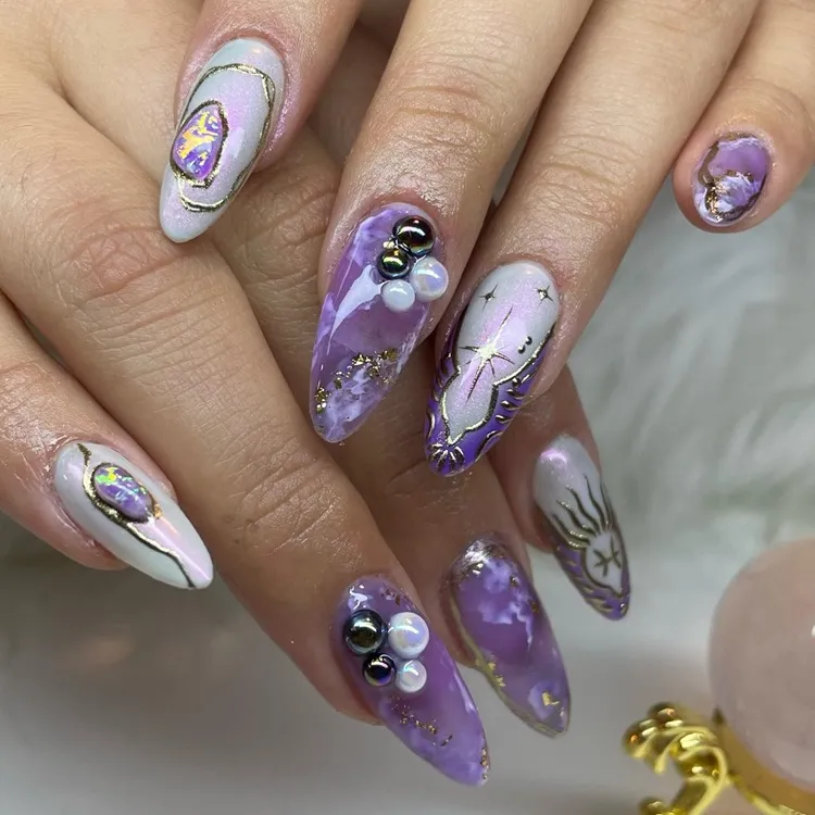 creative purple pisces birthday nail design idea 3d decorations pearls gold metallics