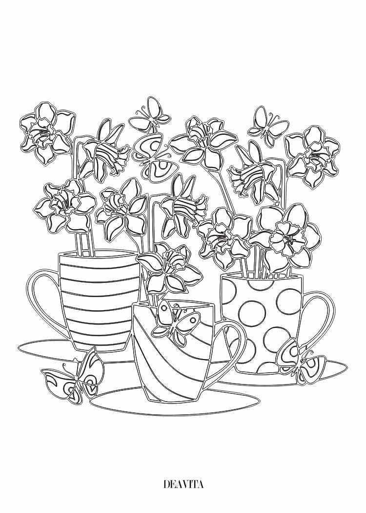 cups with spring flowers coloring page for kids free download