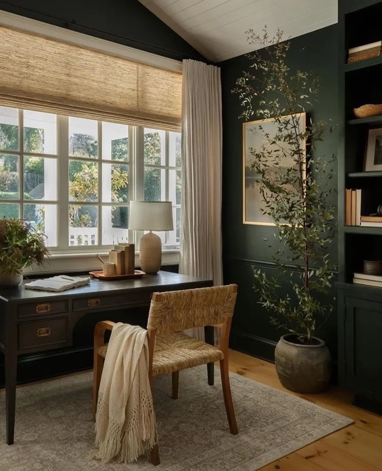 earthy moody small home office interior design inspo greenery natural light organic materials