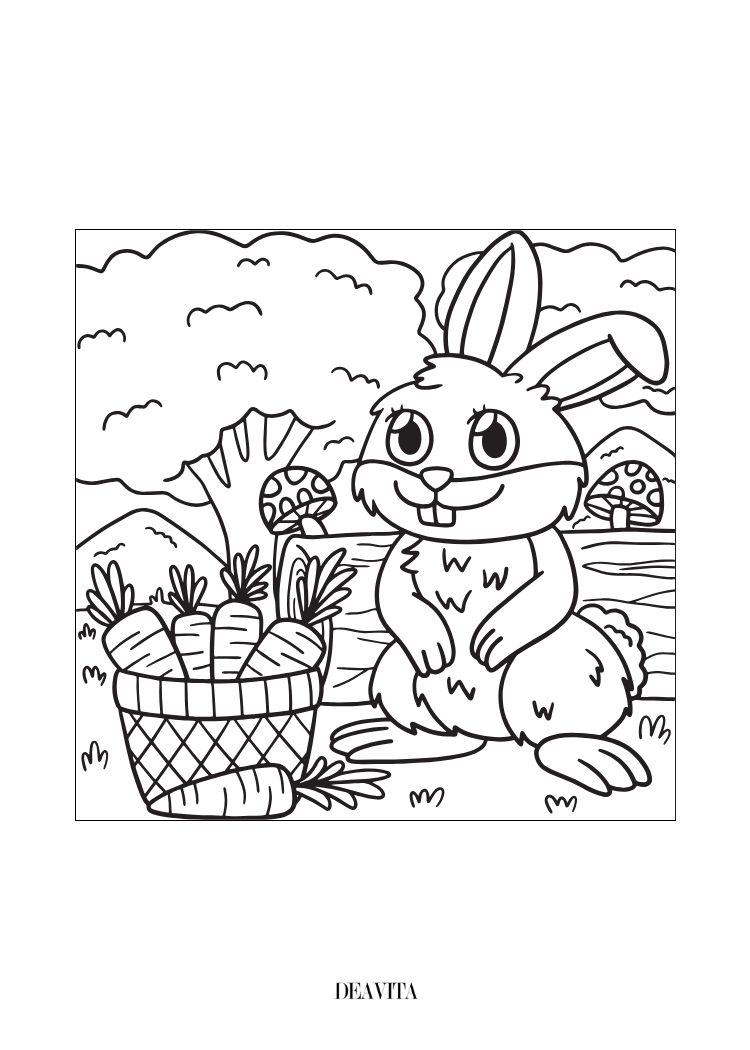 easter bunny with a basket full with carrots coloring page kids