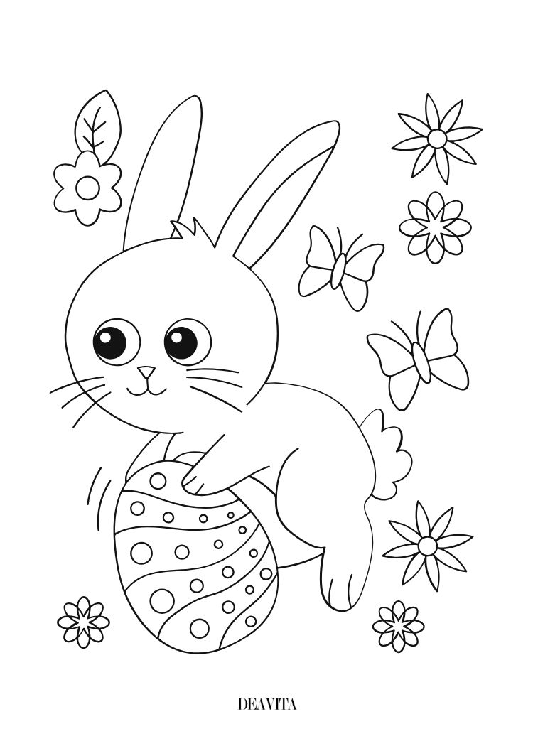 easter bunny with an egg surrounded by flowers and butterflies coloring page kids free pdf download