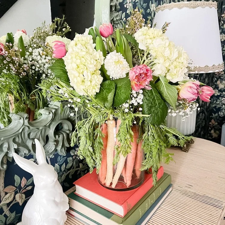 easy spring flower arrangement with carrots