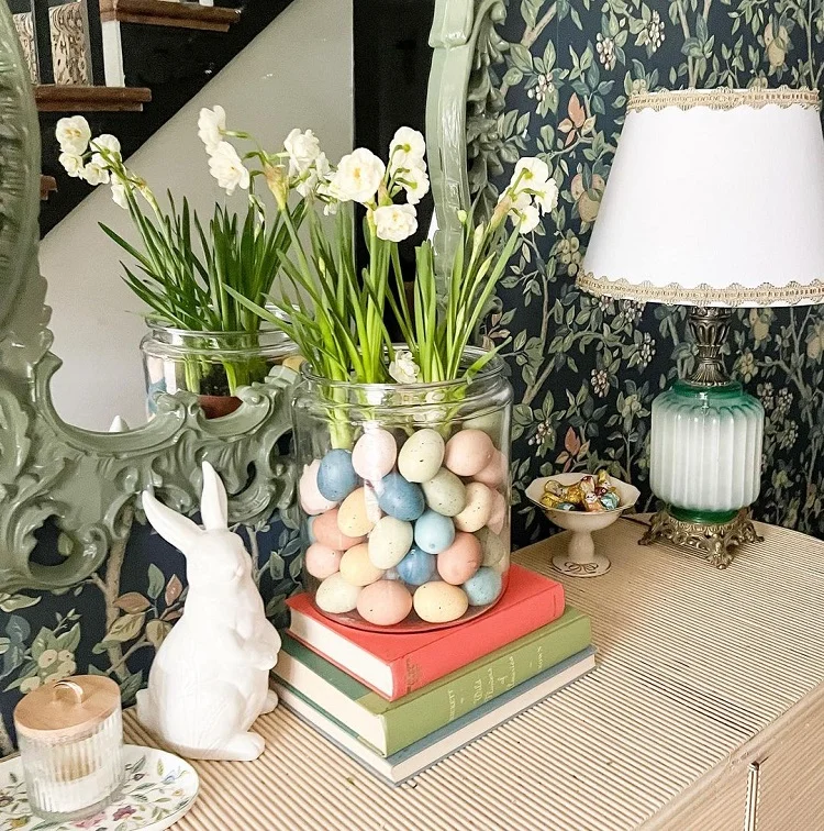 easy spring flower arrangement with eggs
