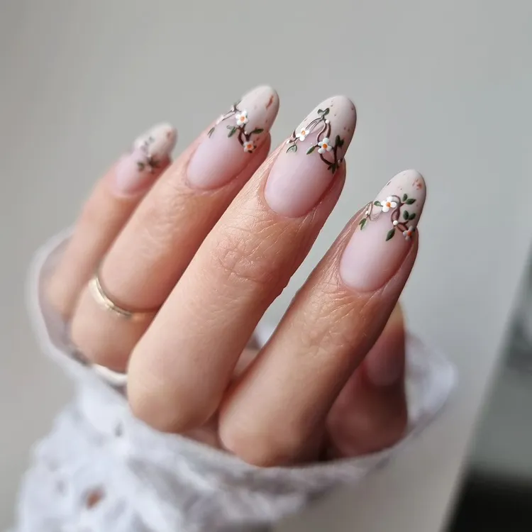 elegant painted flowers french tips spring manicure ideas 2024