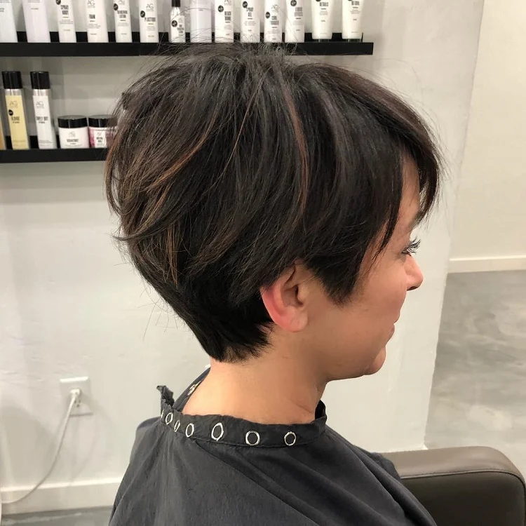 elongated pixie cut with long layers for thick hair texture