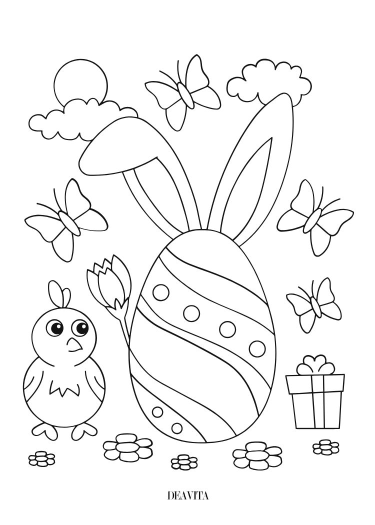 free download easter coloring page spring flowers chick egg with rabbit ears