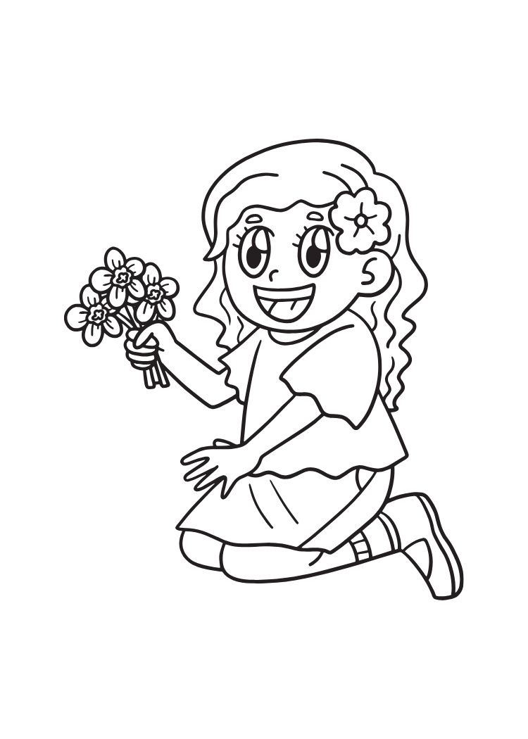 girl picking flowers spring coloring page for kids free pdf download