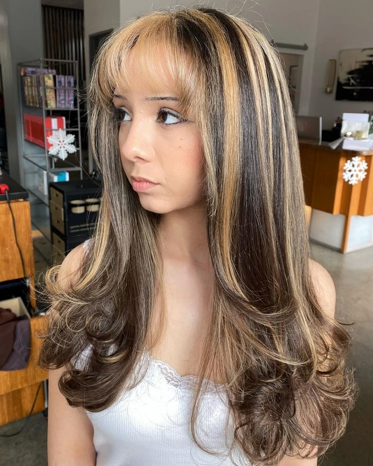 honey blonde chunky highlights for brown hair with bangs