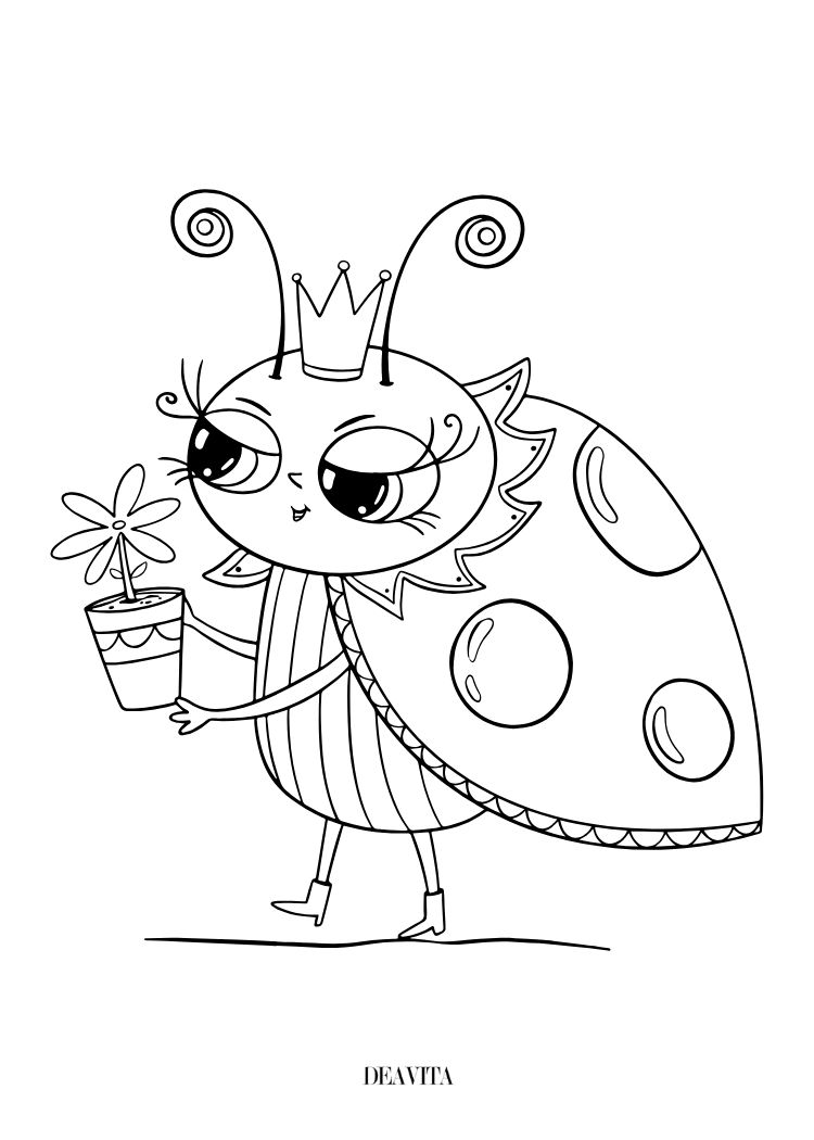 ladybug with crown and a potted flower spring coloring page for kids and adults