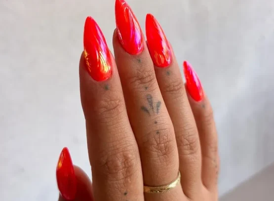 long almond red neon chrome nails 2024 manicure trend