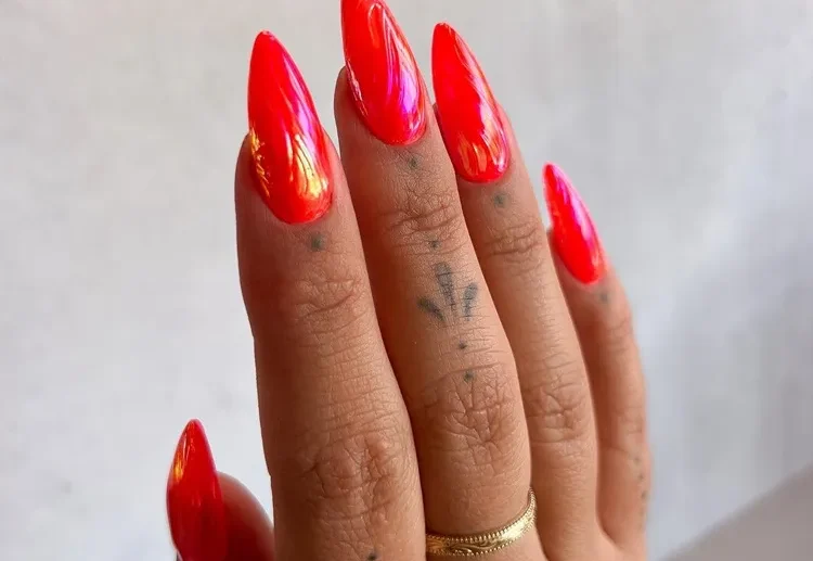 long almond red neon chrome nails 2024 manicure trend