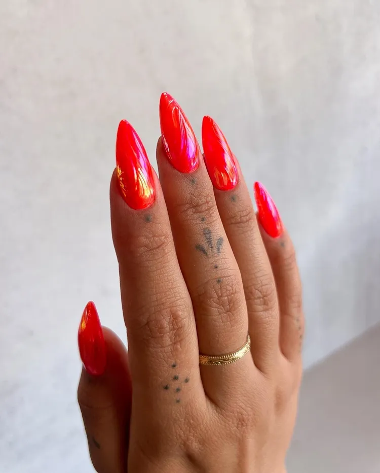 long almond red neon chrome nails 2024 manicure trend