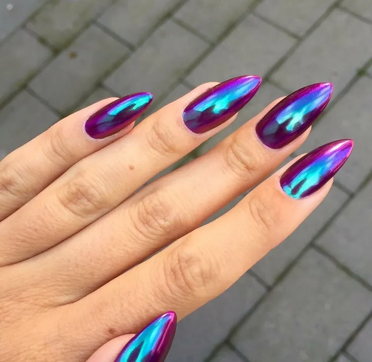 long almong burgundy nails with blue neon chrome finish