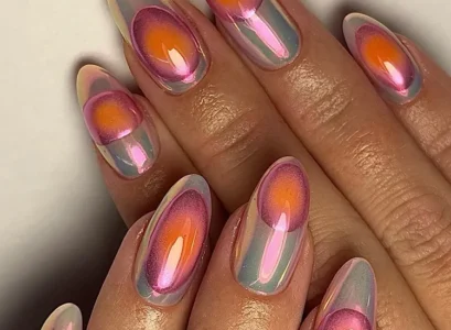 long oval chrome aura spring nails 2024