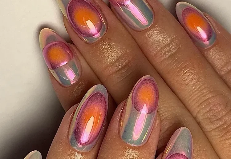 long oval chrome aura spring nails 2024