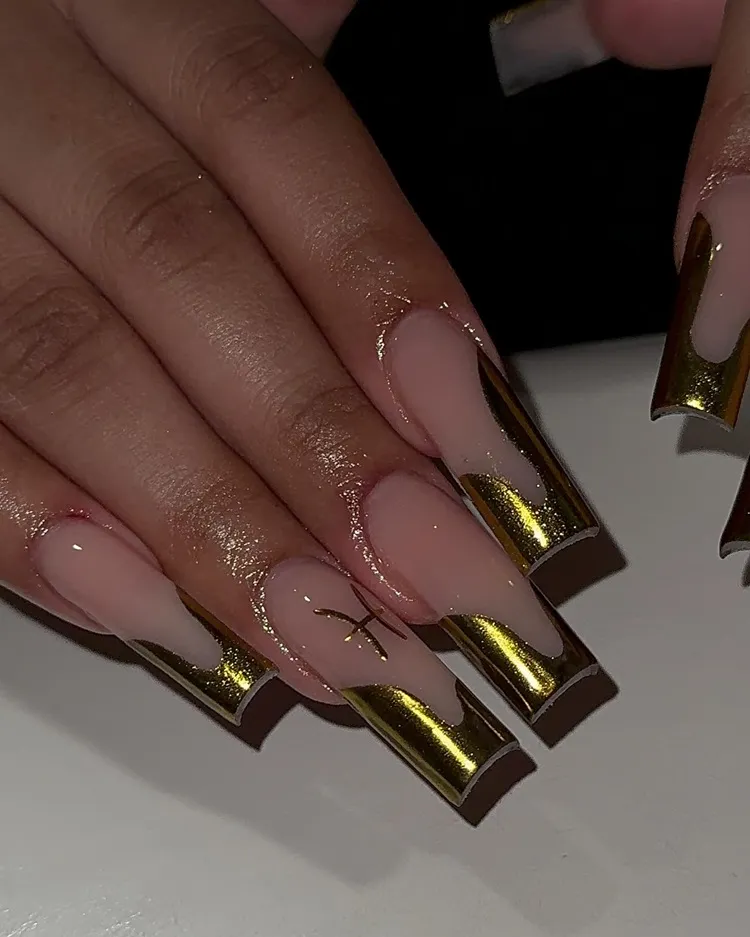 long square gold metallic french tips pisces birthday nails