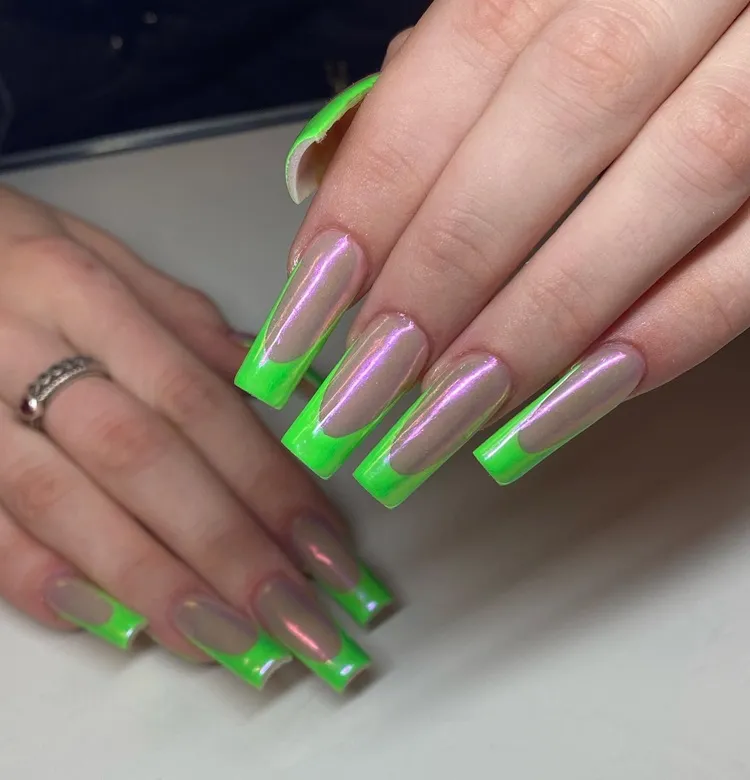 long square neon green french manicure with chrome powder finish