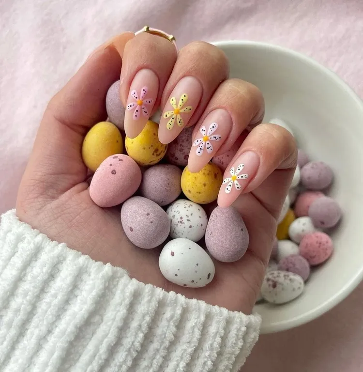 matte nude nails with colorful spring flowers for easter