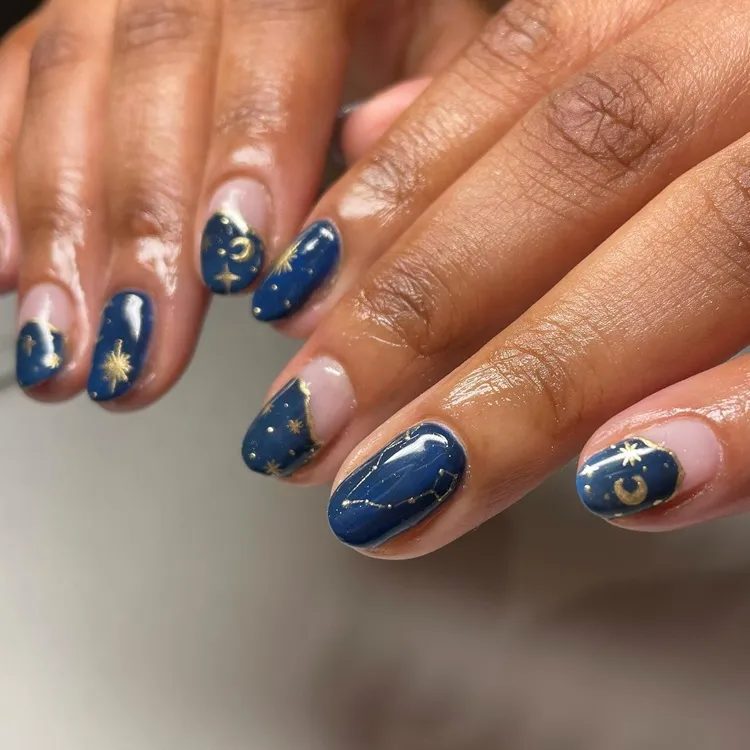 midnight blue celestial nails pisces constellation