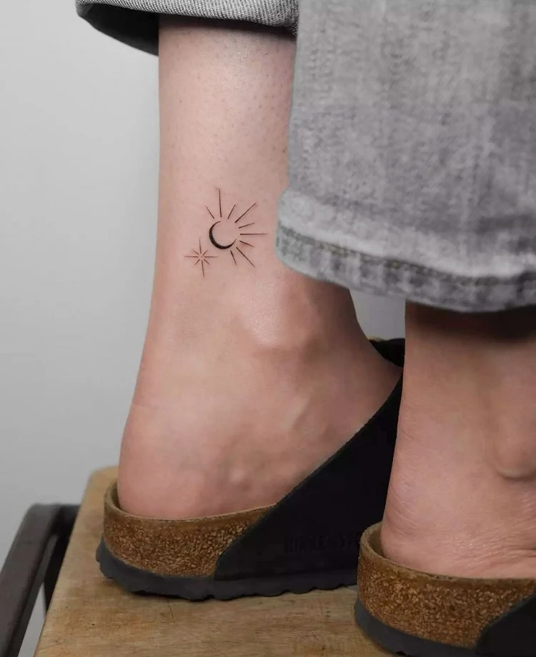 minimalist celestial ankle tattoo idea 2024