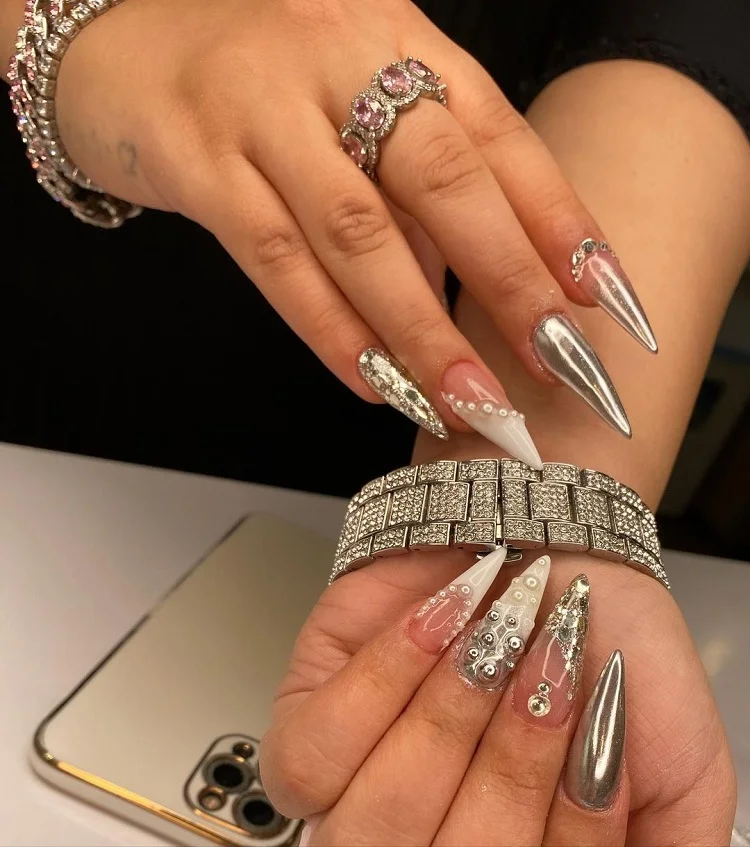 mob wife pointy silver nails