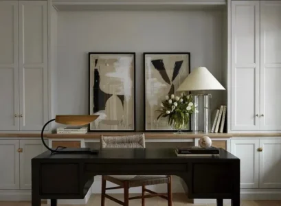 modern minimalist small moody office ideas 2024 built in shelving earthy tones organic materials