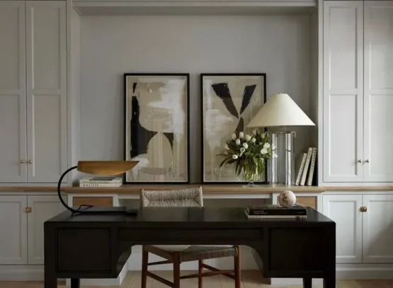 modern minimalist small moody office ideas 2024 built in shelving earthy tones organic materials