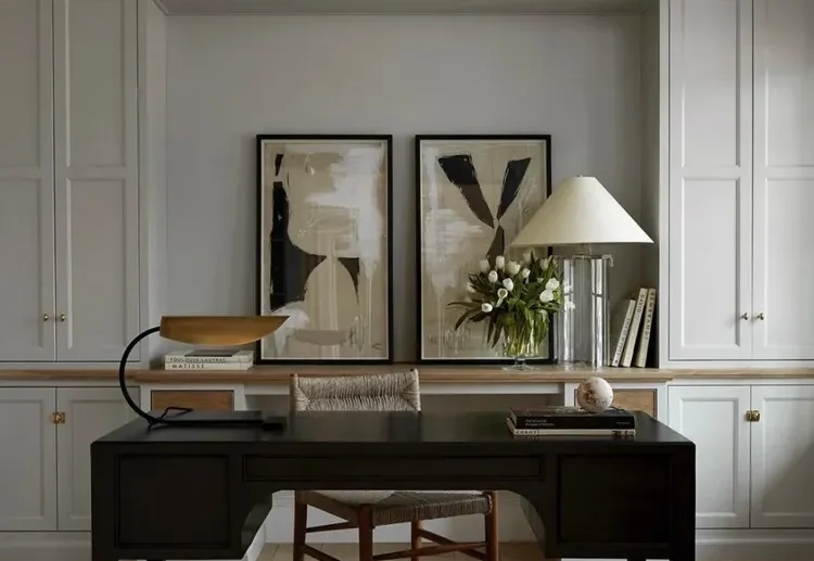 modern minimalist small moody office ideas 2024 built in shelving earthy tones organic materials