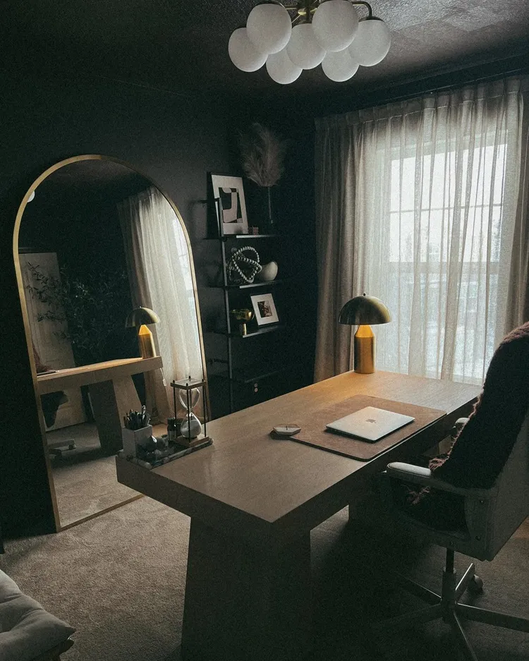 modern moody small home office decor idea big mirror dark wall paint