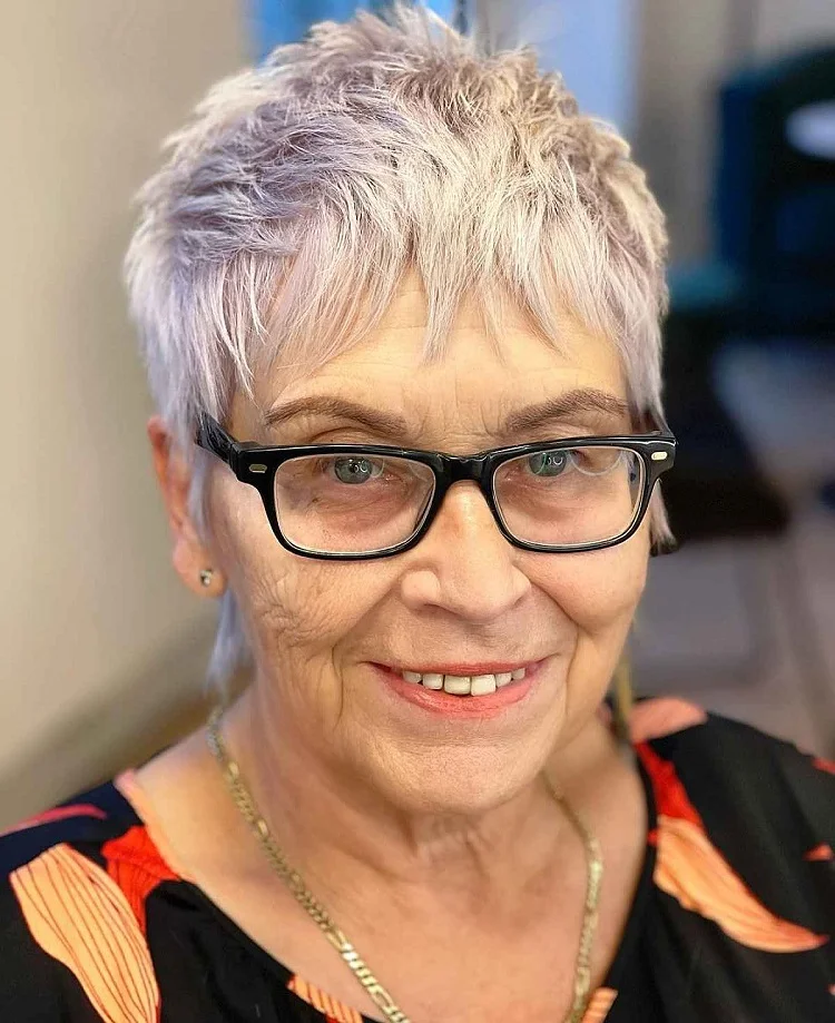 modern short spiky hair for women over 60 with glasses