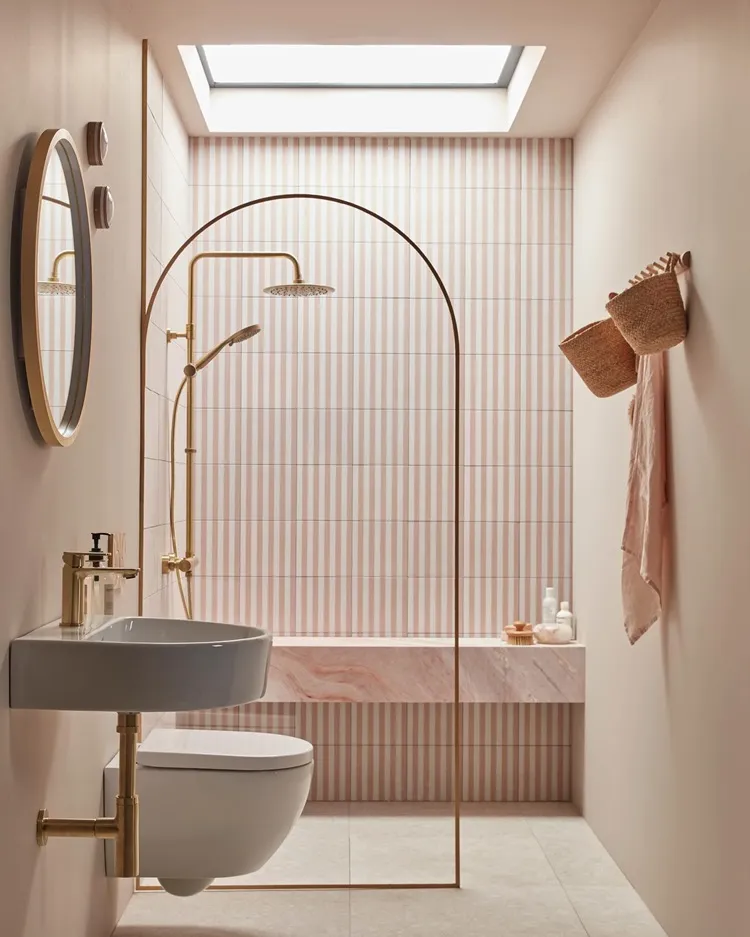 organic modern bathroom design pastel pink beige skylight