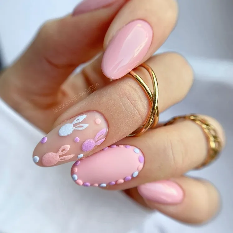 pastel pink easter nails with matte small rabbits decorations