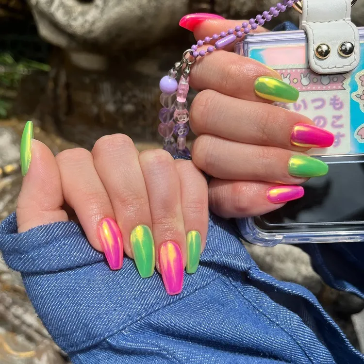 playful neon pink and green chrome nails idea 2024