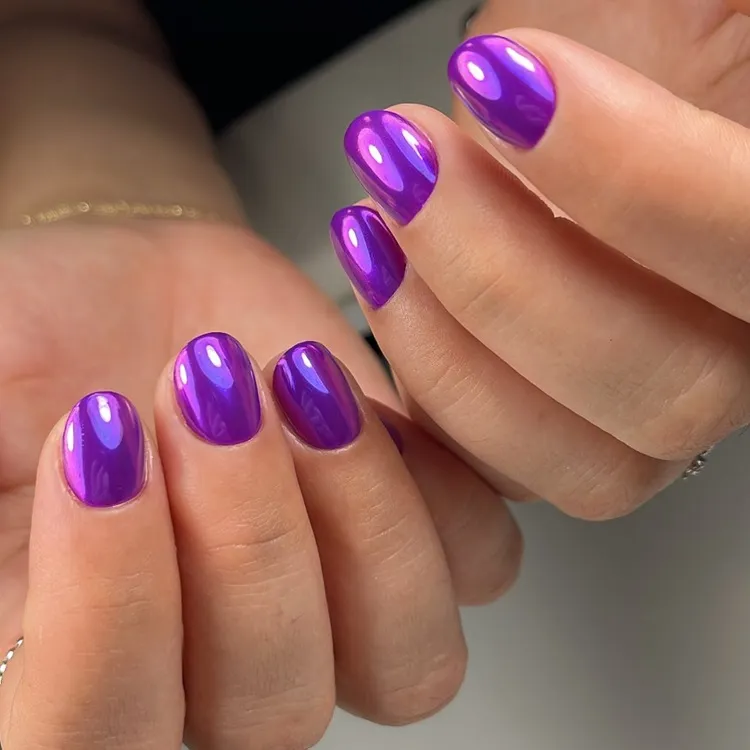 purple neon chrome short nail art inspo 2024