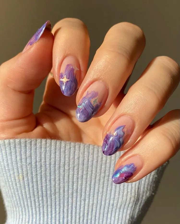 purple watercolor french tips pisces season birthday nails idea