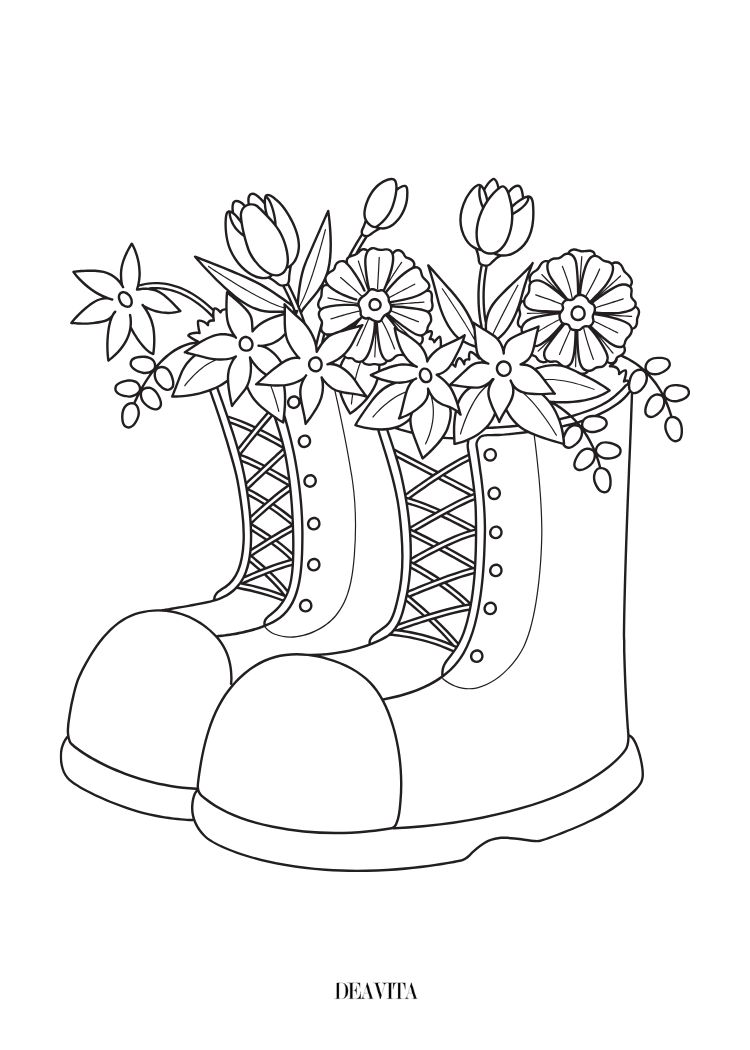 rain boot planter with spring flowers coloring page kindergarten toddlers adults free printable