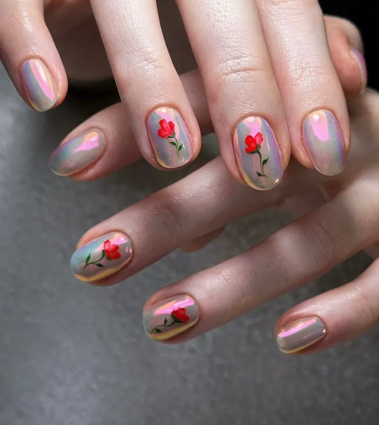 short iridescent nails painted flowers spring manicure design inspo