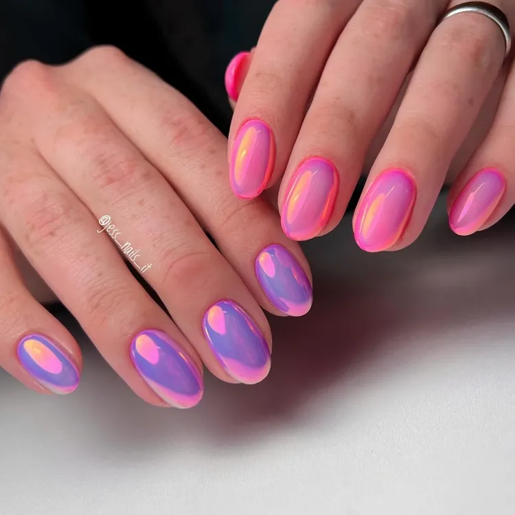 short oval pink and purple neon chrome nails